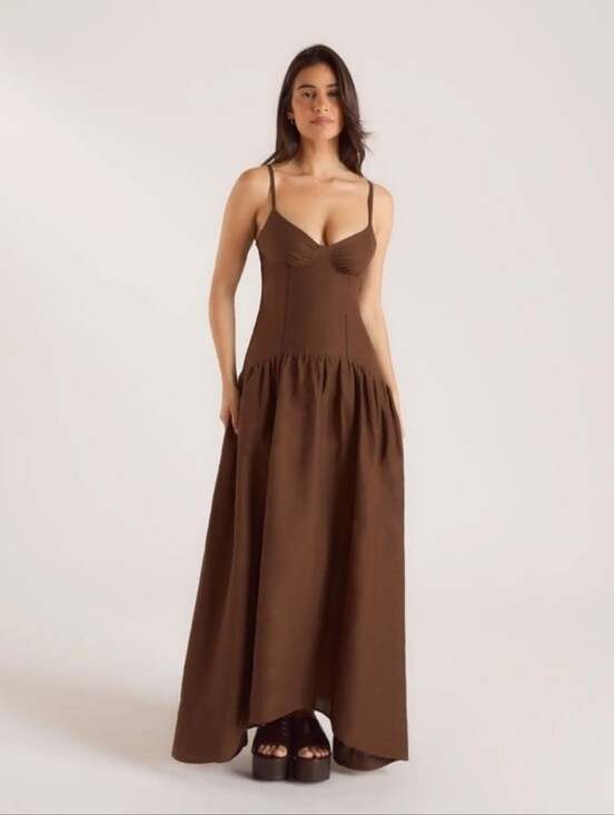 Lounge Underwear Dresses & Skirts - LOUNGE • Drop-Waist Linen Maxi Dress in Chocolate